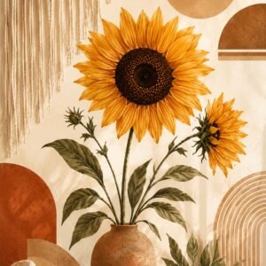 Affiche décorative avec tournesols dans un vase, tons chauds et ambiance bohème