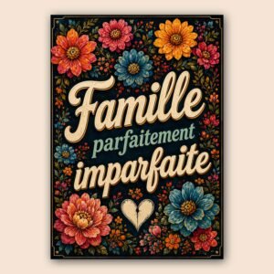 Affiche famille avec fleurs colorées et typographie manuscrite