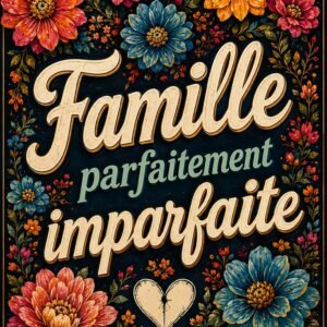 Affiche décorative avec le mot famille entouré de fleurs colorées sur fond sombre
