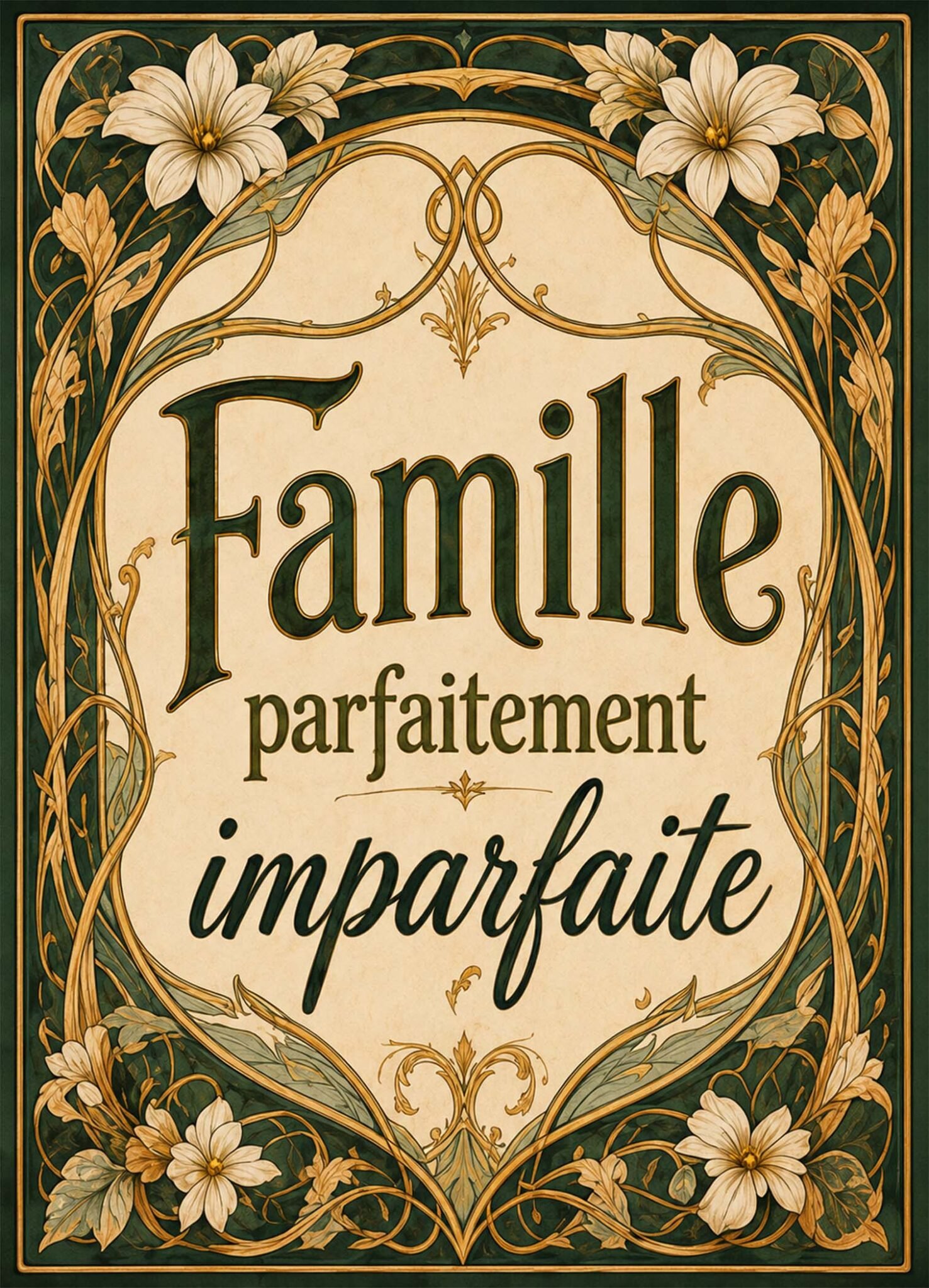 Affiche représentant Une affiche pleine de charme qui met la famille à l'honneur avec un message simple et touchant. Son style vintage, souligné par un cadre floral raffiné, apporte tout de suite une vraie présence décorative