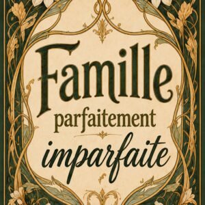Affiche décorative avec le mot famille, cadre floral vintage vert et doré