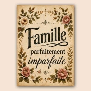 Affiche famille avec fleurs et ambiance rétro sur fond beige