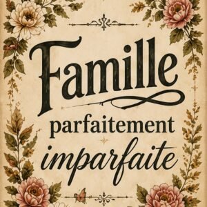 Affiche décorative avec le mot famille, style vintage botanique et fleurs roses sur fond beige