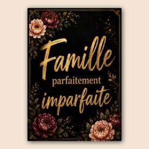Affiche famille élégante avec fleurs et texte doré