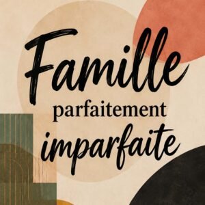 Affiche avec le message Famille parfaitement imparfaite sur fond abstrait beige, terracotta, vert et noir