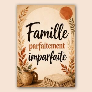 Affiche famille parfaitement imparfaite avec décoration automnale et tons terracotta