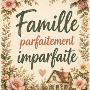 Affiche typographique Famille parfaitement imparfaite avec fleurs et petite maison