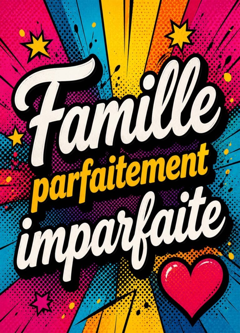 Affiche représentant Une affiche pleine de peps qui célèbre la famille avec humour et bonne humeur. Son style pop art attire tout de suite le regard et apporte une touche graphique très vivante à la décoration