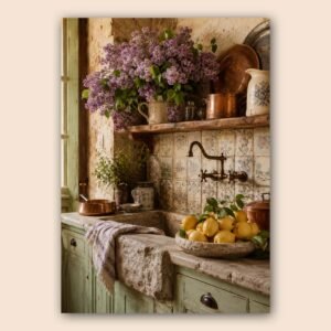 Décoration de cuisine rustique avec fleurs lilas et citrons