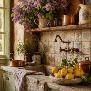 Cuisine rustique décorée de fleurs lilas, citrons et objets en cuivre