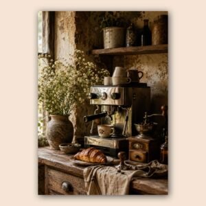 Affiche décorative d'un coin café rustique avec machine à café et croissant