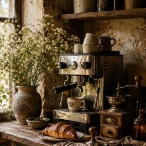 Affiche d'une cuisine rustique avec machine à café, tasse, croissant et fleurs