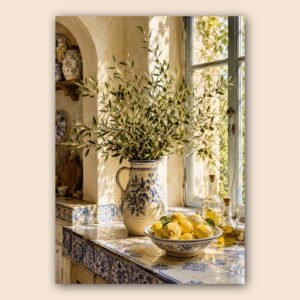 Vase en céramique, citrons et carrelage bleu dans une cuisine lumineuse