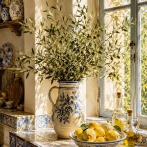Nature morte décorative avec vase en céramique, citrons et lumière de fenêtre