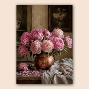 Nature morte florale avec pivoines roses et vase en cuivre
