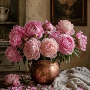 Bouquet de pivoines roses dans un vase en cuivre sur une table rustique