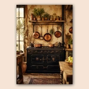Décor de cuisine vintage avec cuisinière noire et casseroles en cuivre