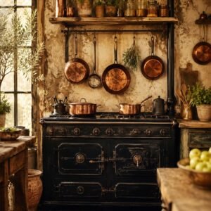 Cuisine rustique avec cuisinière ancienne, casseroles en cuivre et ambiance chaleureuse