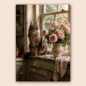 Affiche d’un chat tigré près de roses dans un décor patiné et chaleureux