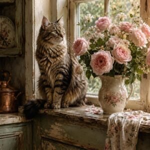 Chat tigré assis près d’un bouquet de roses dans une ambiance vintage et romantique