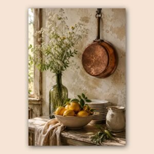 Affiche décorative avec citrons et vase dans une ambiance rustique