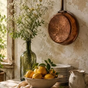 Nature morte rustique avec citrons, vase en verre et ambiance campagne chic