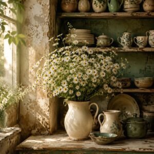 Bouquet de marguerites dans une cuisine rustique avec vaisselle ancienne
