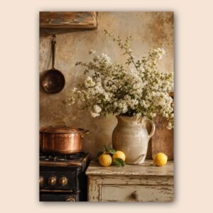 Décor rustique avec fleurs blanches, citrons et ustensiles anciens
