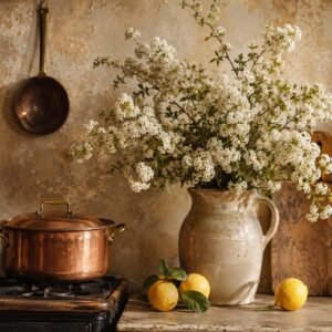 Nature morte rustique avec fleurs blanches, citrons et cuisine vintage