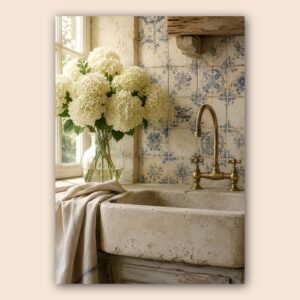 Décoration de salle de bain rustique avec fleurs blanches et robinet en laiton
