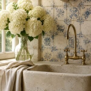 Salle de bain rustique avec vasque en pierre, robinet en laiton et bouquet de fleurs blanches