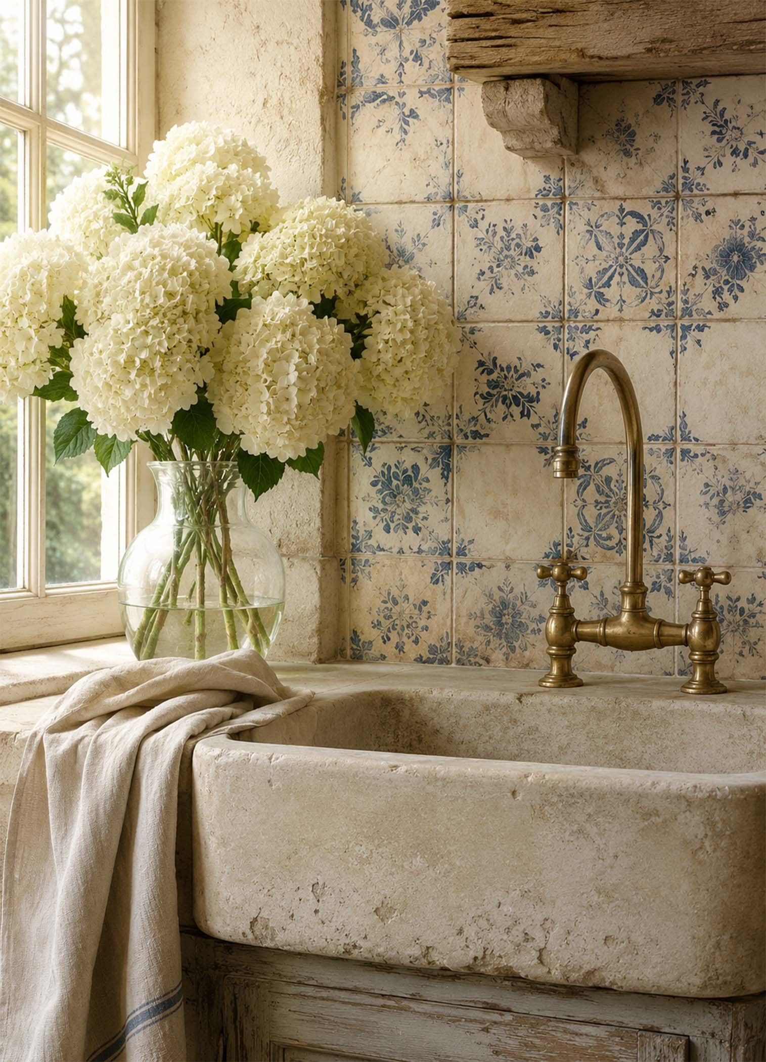 Salle de bain rustique avec vasque en pierre, robinet en laiton et bouquet de fleurs blanches