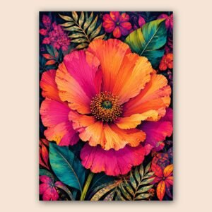 Illustration florale colorée avec grande fleur et feuillages tropicaux