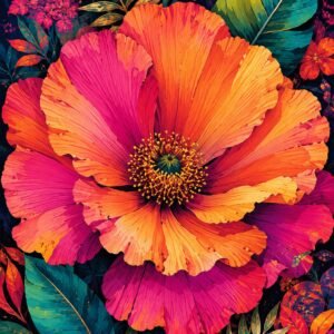 Grande fleur tropicale rose, orange et jaune entourée de feuillages colorés