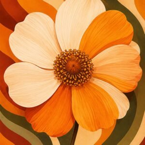 Grande fleur stylisée orange et crème sur fond graphique rétro