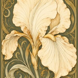 Affiche botanique d’un iris stylisé aux tons crème et dorés sur fond vert