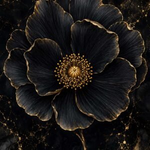Affiche d'une fleur noire et dorée sur fond sombre