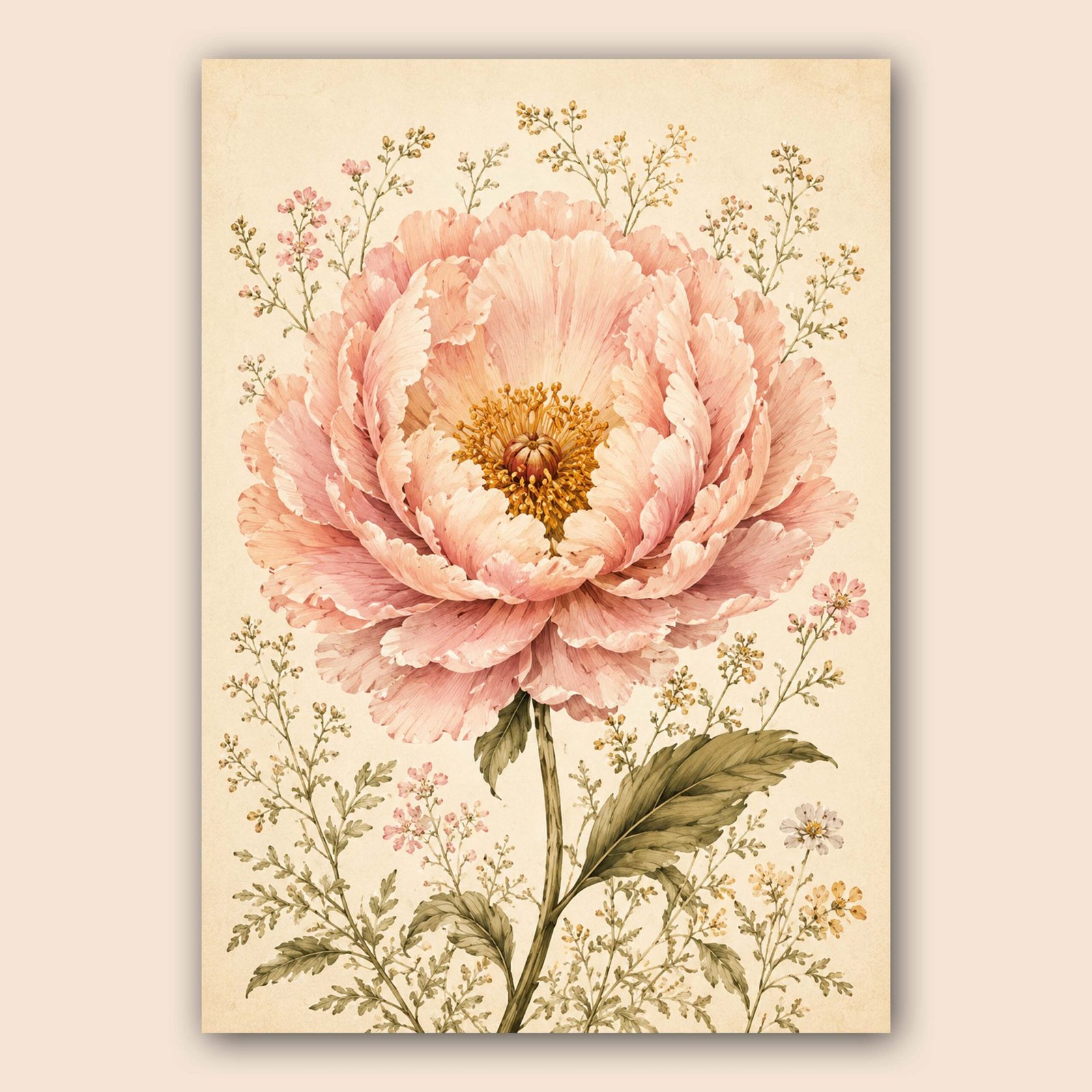 Illustration d'une grande fleur rose avec feuillage délicat