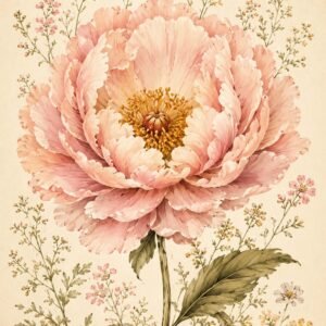 Grande fleur rose en illustration botanique délicate sur fond beige