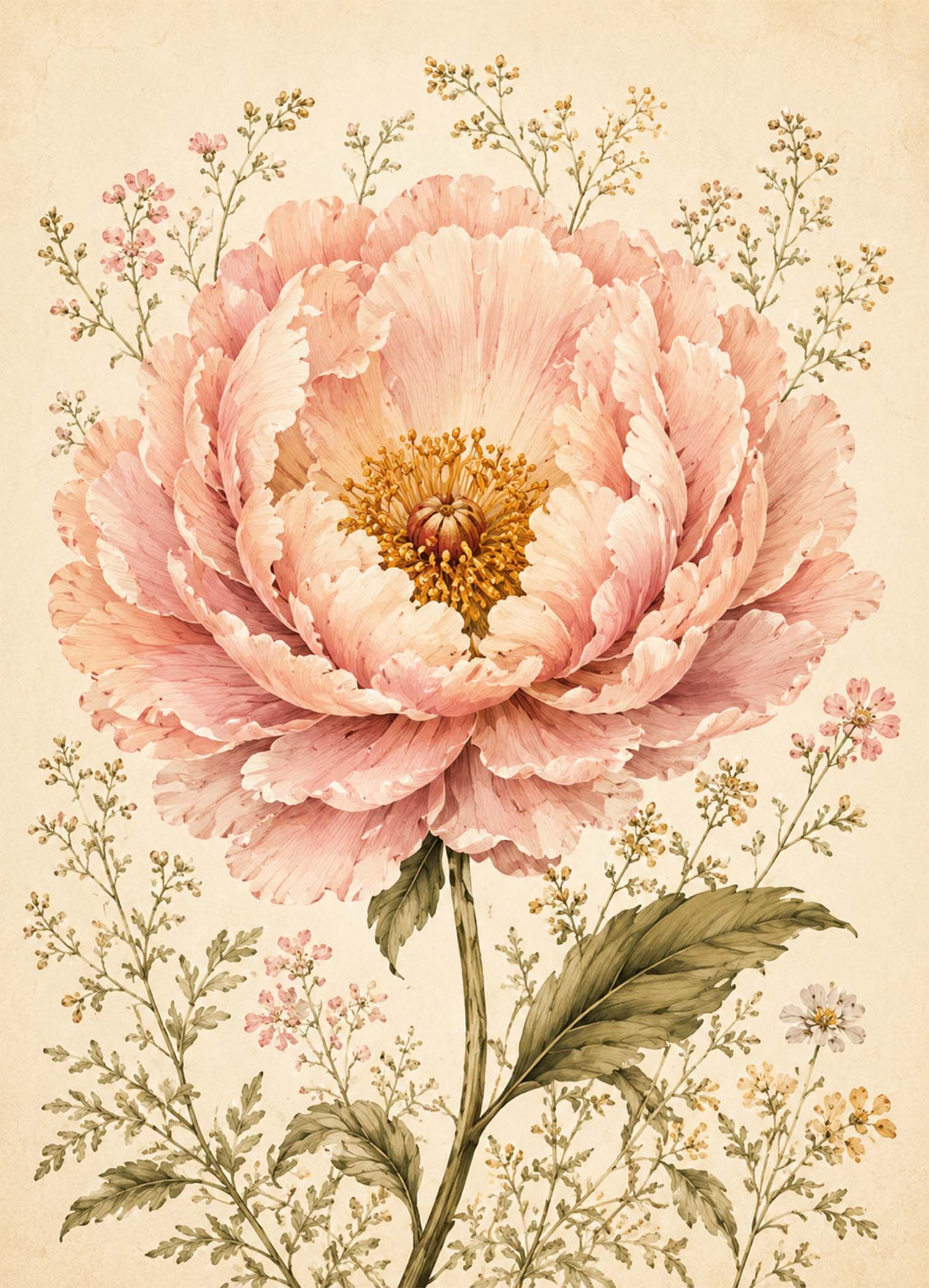 Grande fleur rose en illustration botanique délicate sur fond beige