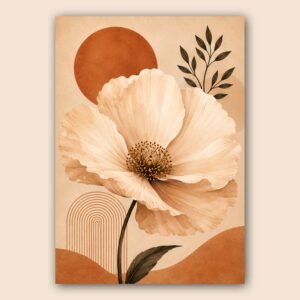 Affiche botanique moderne avec grande fleur beige et fond terracotta