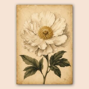 Affiche botanique fleur blanche et feuilles vert olive