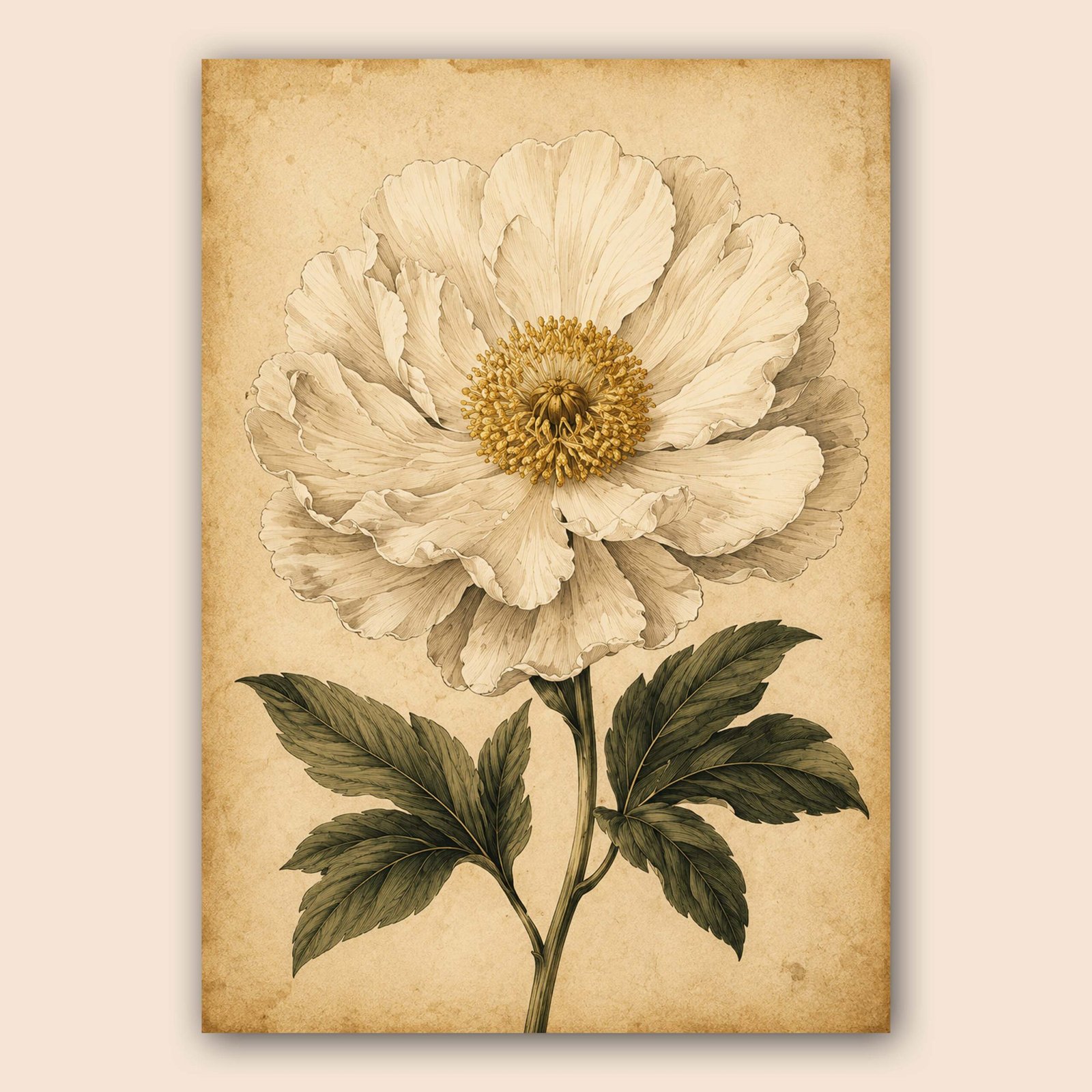 Affiche botanique fleur blanche et feuilles vert olive