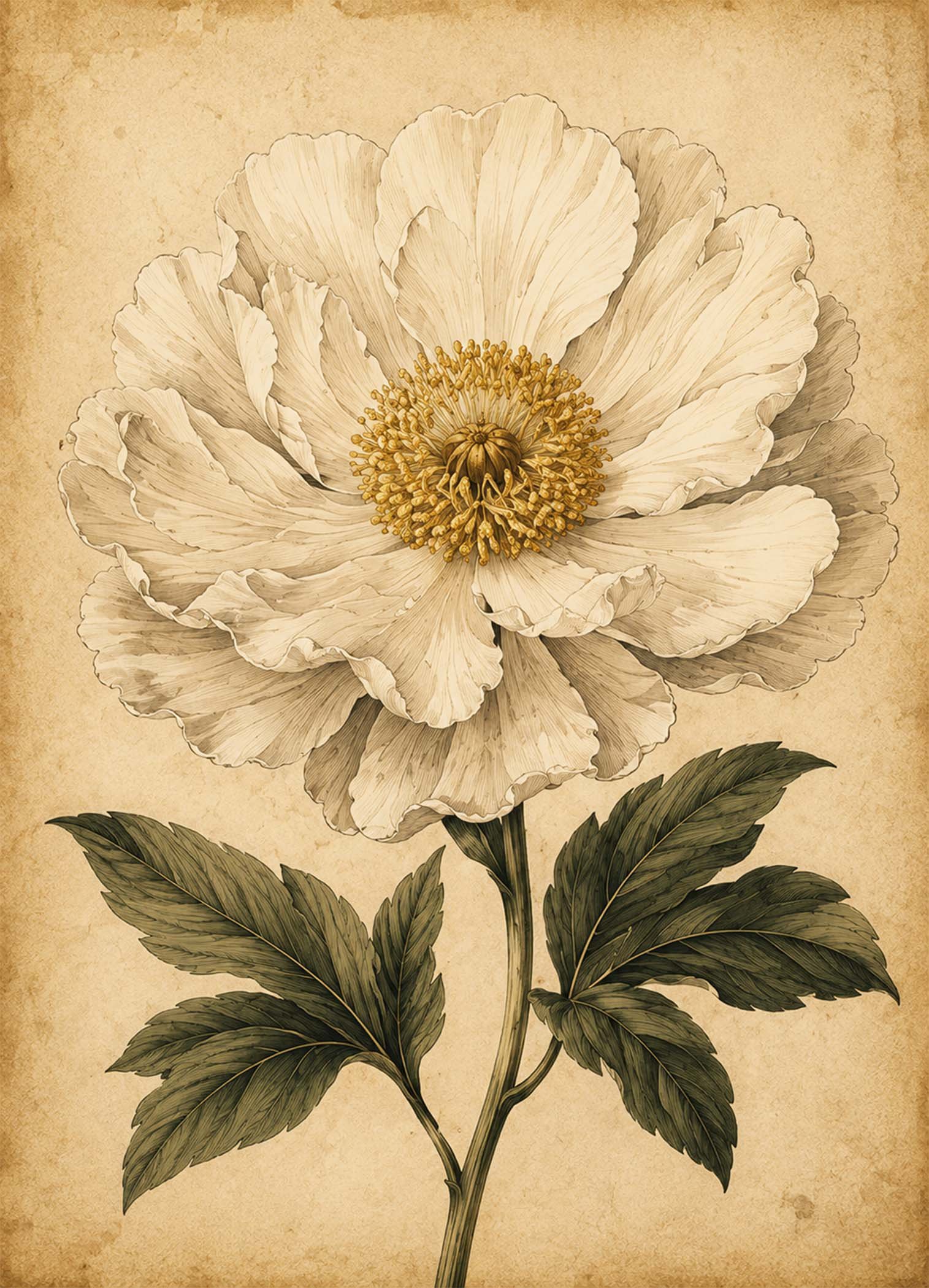 Grande fleur blanche botanique sur fond beige patiné