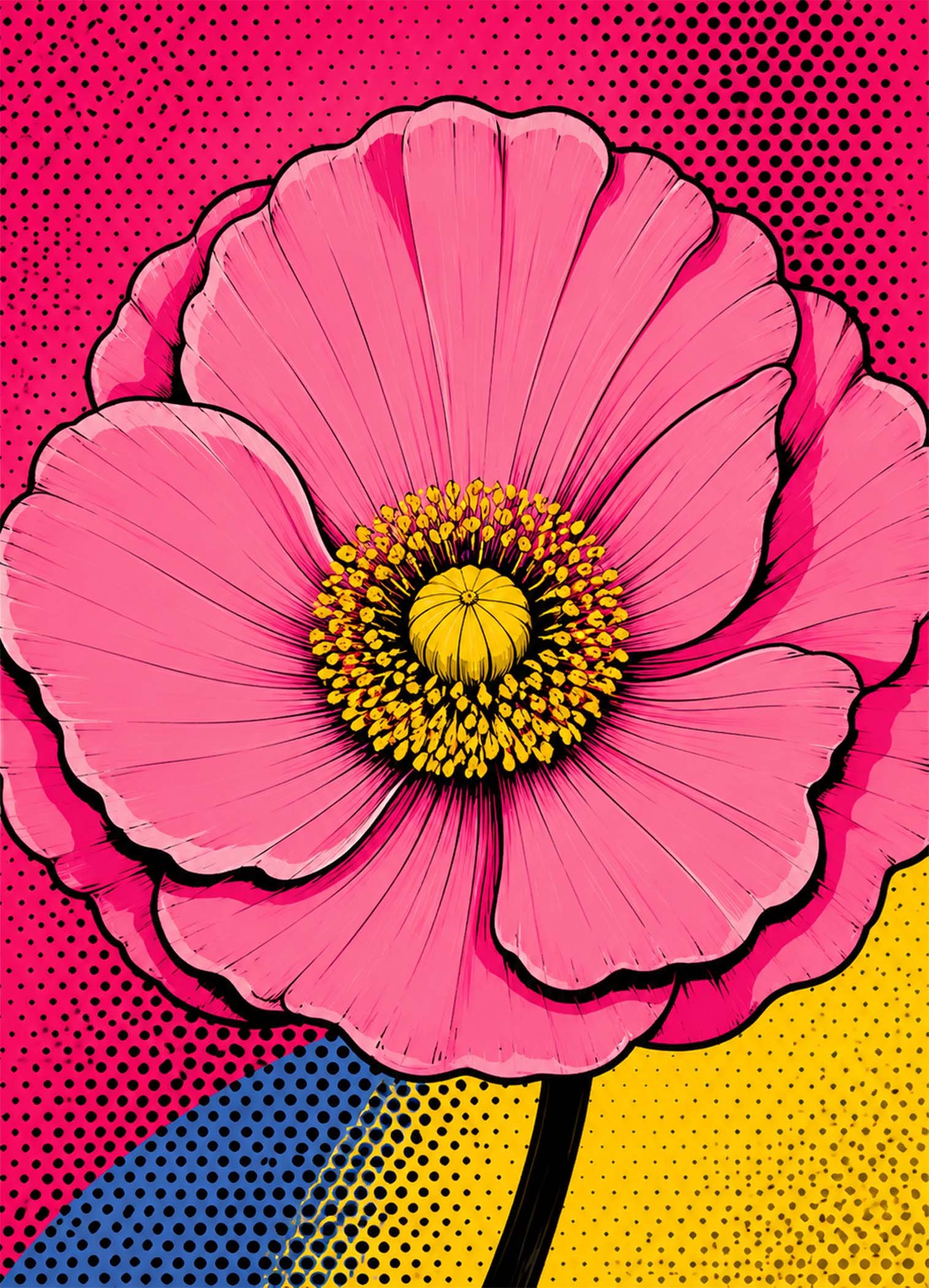 Grande fleur rose en style pop art avec fond coloré