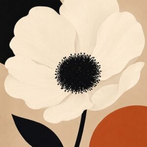 Grande fleur blanche stylisée sur fond beige avec cœur noir et touche terracotta