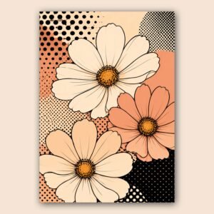 Affiche florale pop en couleurs pastel avec contours noirs et fond graphique