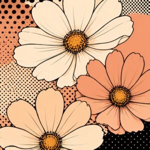 Affiche florale pop avec grandes fleurs crème, pêche et corail sur fond graphique rétro