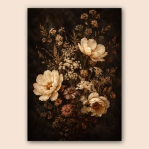Affiche de fleurs séchées et fleurs crème sur fond sombre