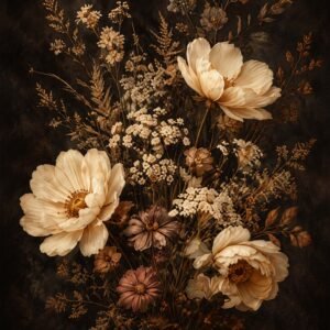 Bouquet de fleurs séchées et fleurs crème sur fond sombre